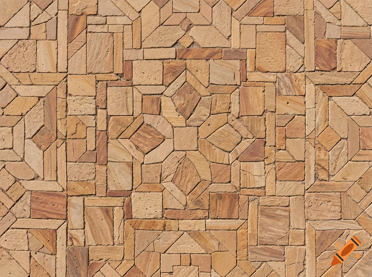 Top-down view of a geometric sandstone mosaic pattern.