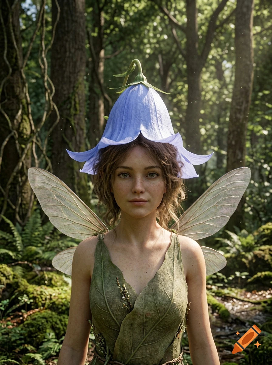 Photorealistic portrait of a female fairy wearing a blue flower as a hat and a green leaf dress in a forest.