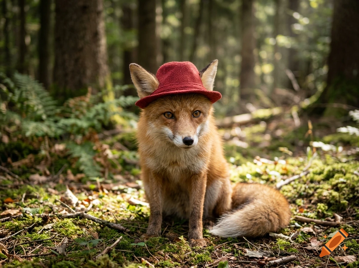 Photorealistic image of a cute red fox wearing a small red hat, sitting on mossy ground in a forest.