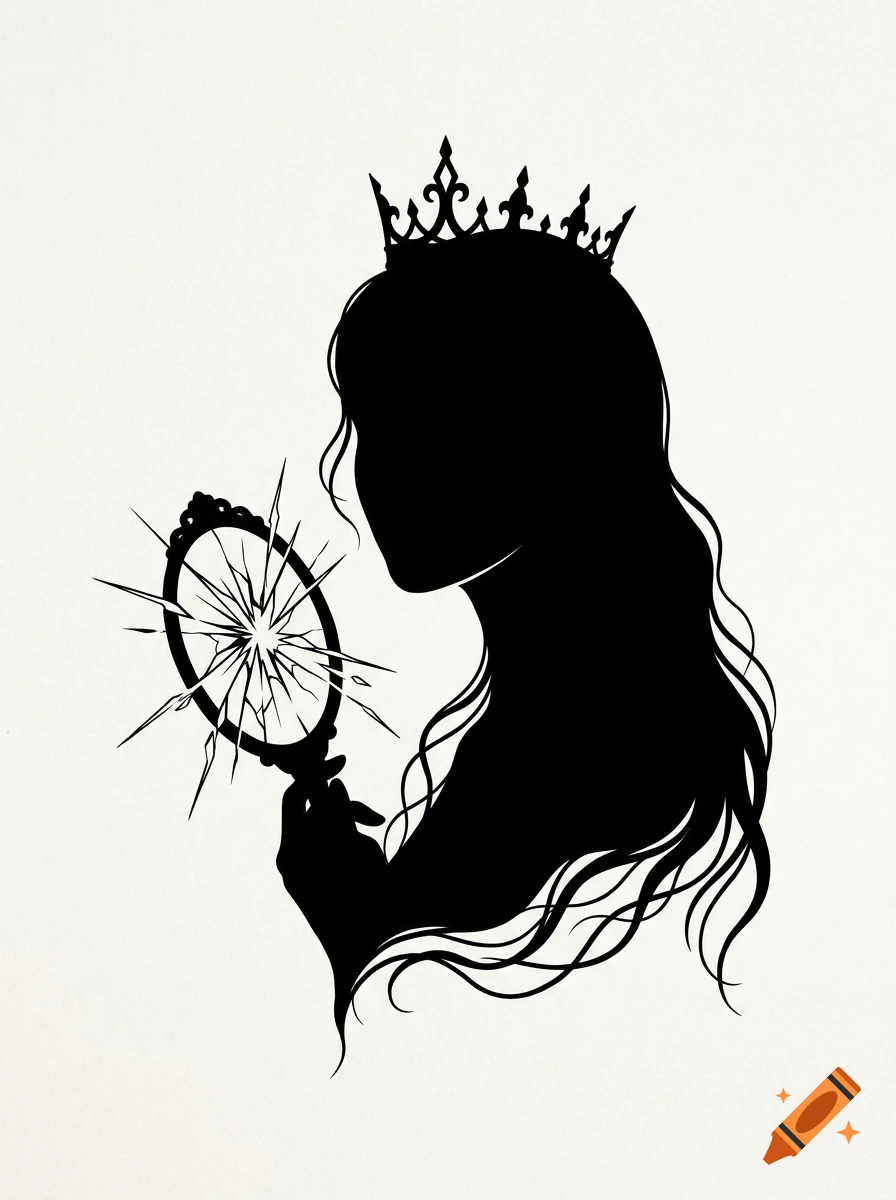 Black silhouette of a princess with a crown and long wavy hair holding a shattered mirror, minimalist illustration on white.