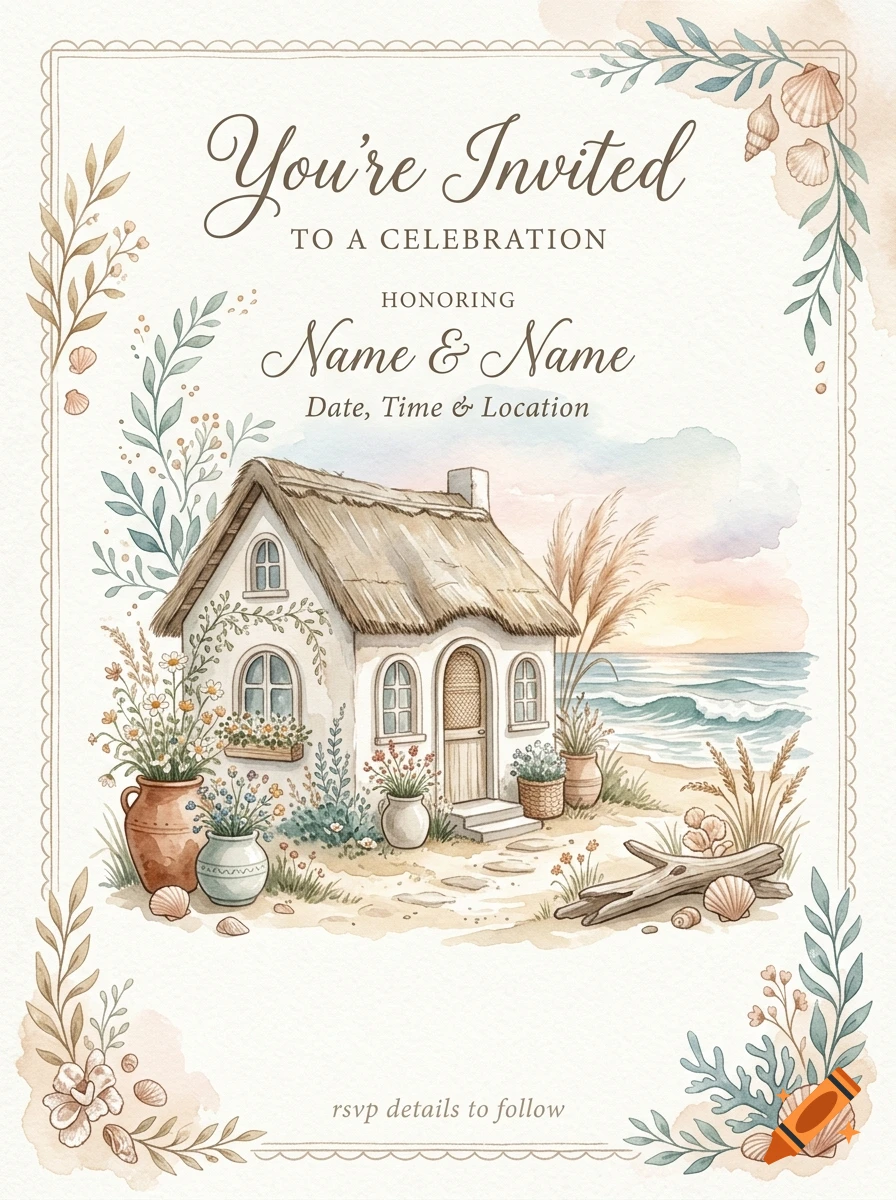 Watercolor illustration of a coastal cottage by the sea with flowers and seashells, styled as an invitation.