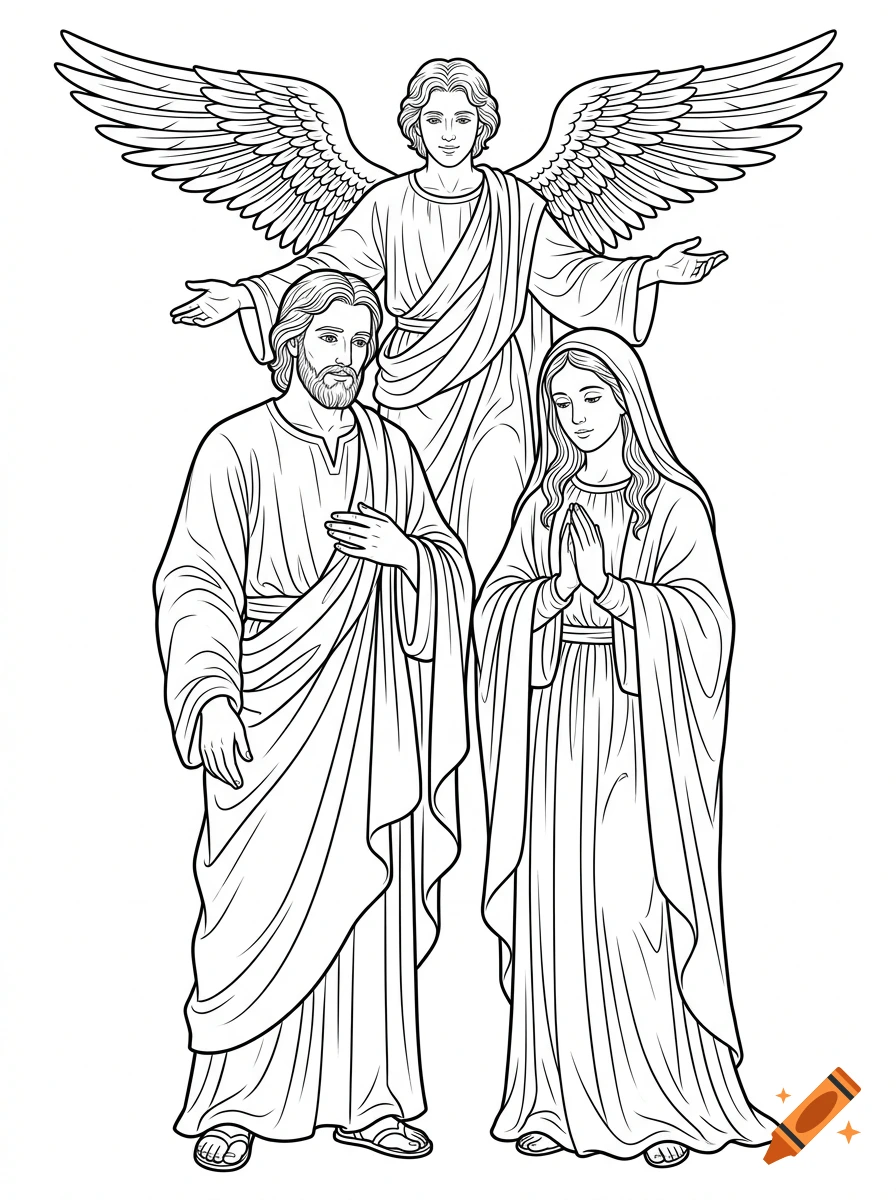 A black-and-white line drawing depicting an angel standing with outstretched wings behind two robed figures, with a man standing on the left and a woman with folded hands on the right.