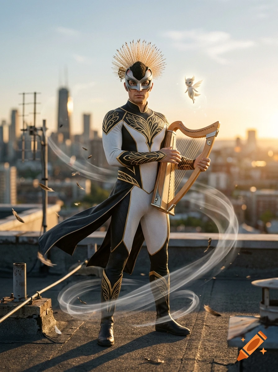 A costumed performer wearing a mask, headdress, and black-and-white suit holds a harp on a rooftop with a city skyline at sunset.