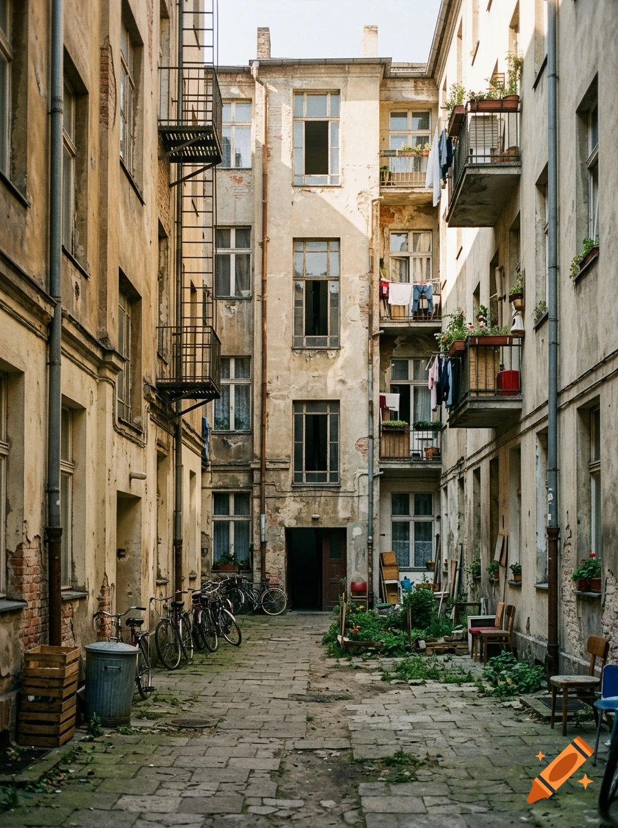 Photograph of a narrow courtyard in a Berlin apartment building in the 1970s, featuring worn facades, balconies, bicycles, and cobblestones.