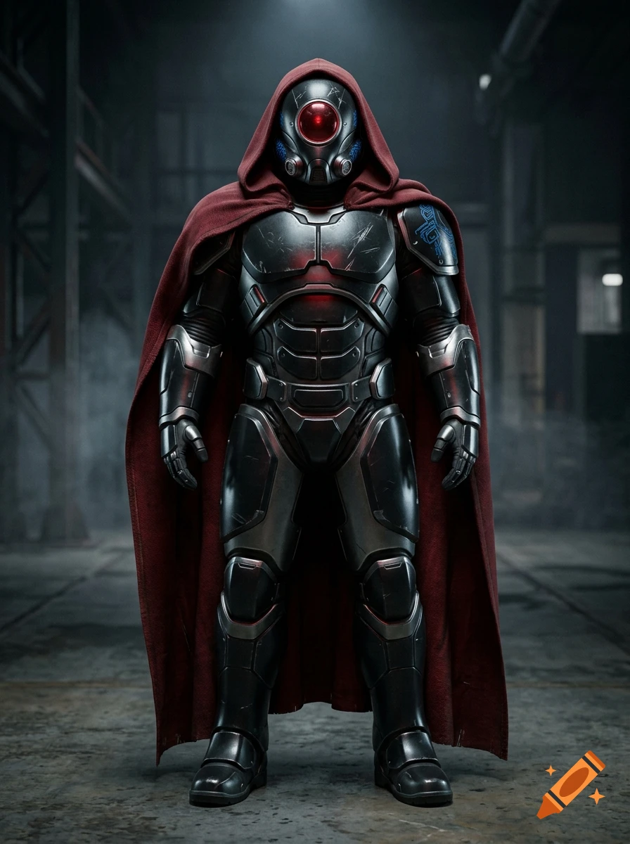 Photorealistic full-body shot of a warrior in dark armor with a red visor and hooded dark red cape inside a factory setting.