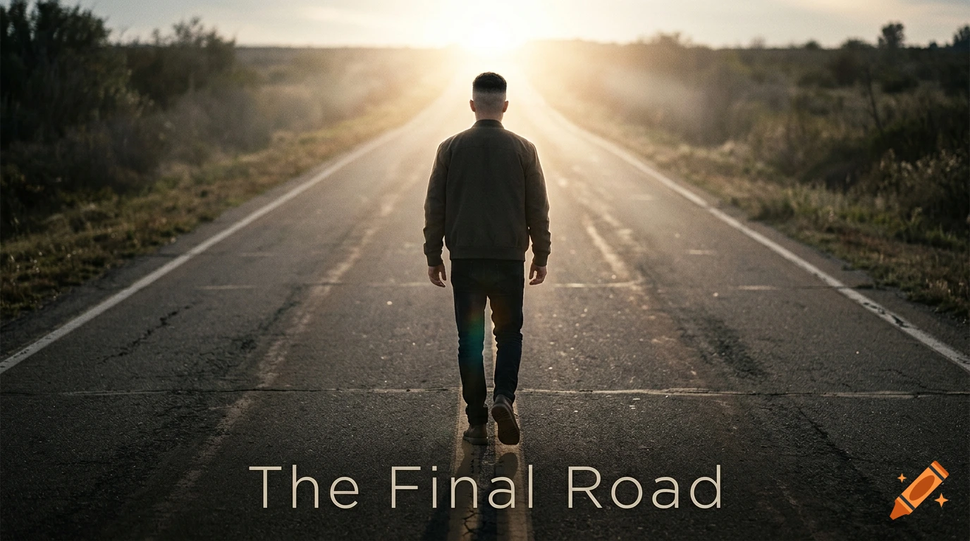 Photorealistic cinematic back view of a man walking down an empty road towards a bright light, with the text 'The Final Road'.