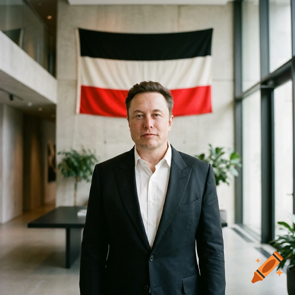 A man in a dark suit and white shirt stands indoors with a large flag hanging on the wall behind him.