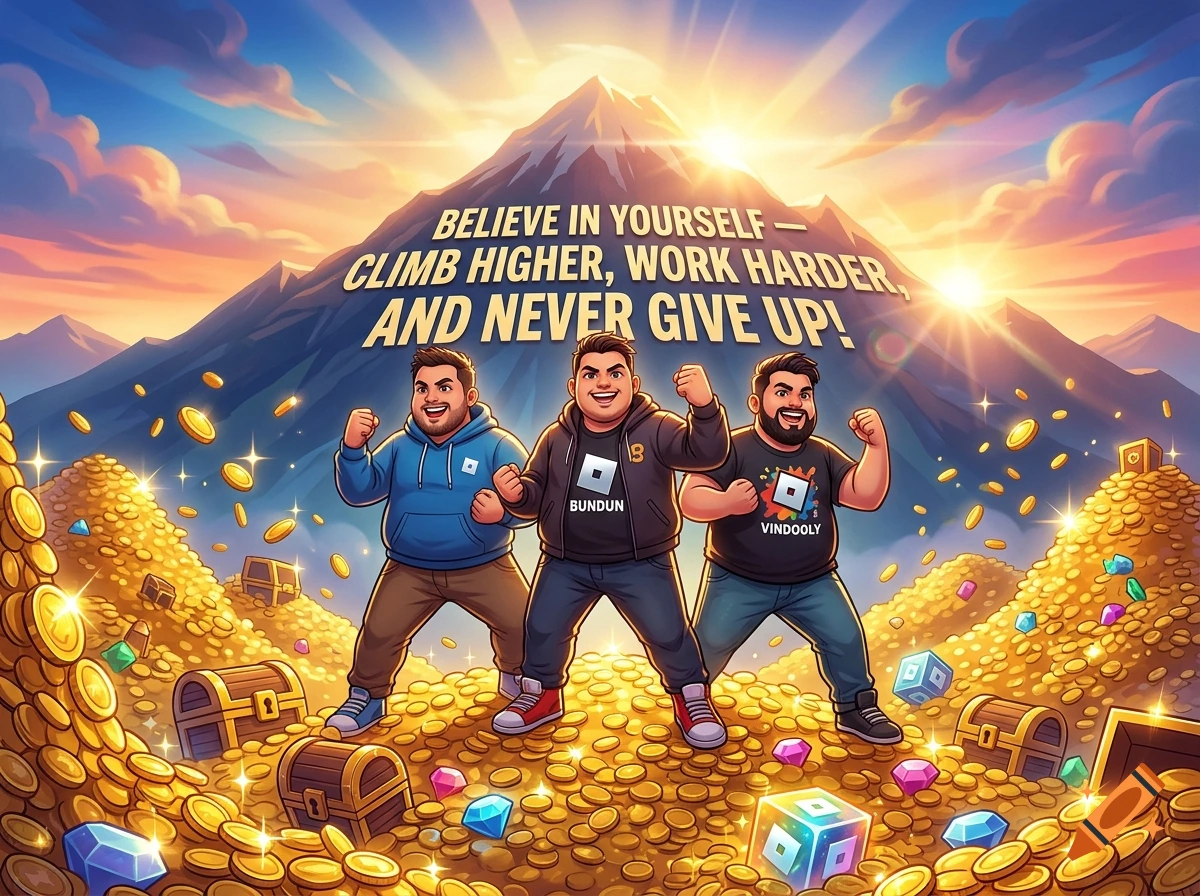 Digital illustration of three smiling men standing on a large pile of gold coins before a mountain with a motivational quote.
