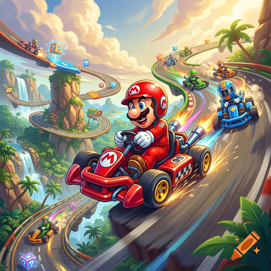 Mario driving a red kart on a winding racetrack through a tropical landscape with other racers