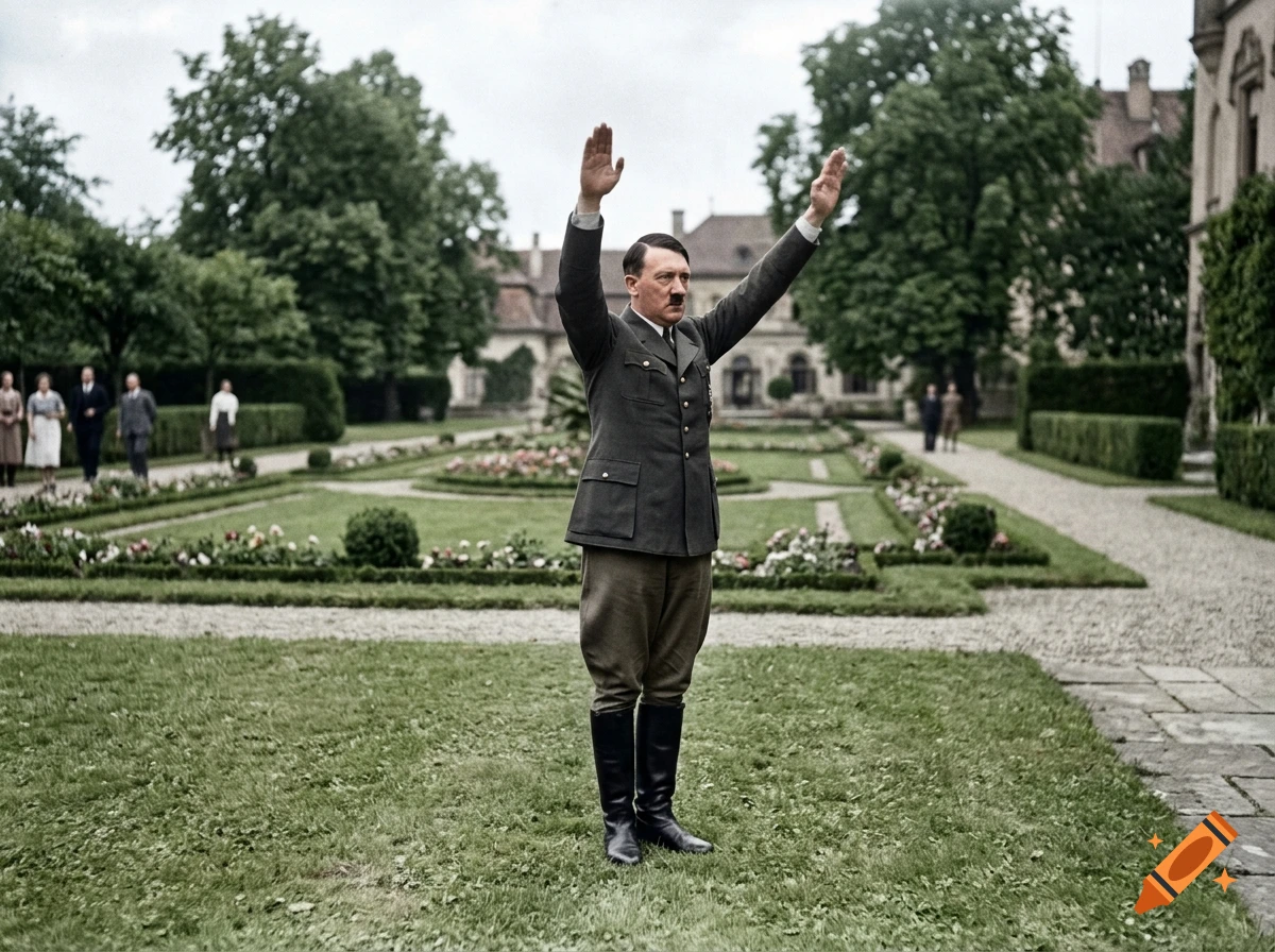 Photorealistic depiction of Adolf Hitler standing with arms raised in a garden setting, with blurred figures in the background.