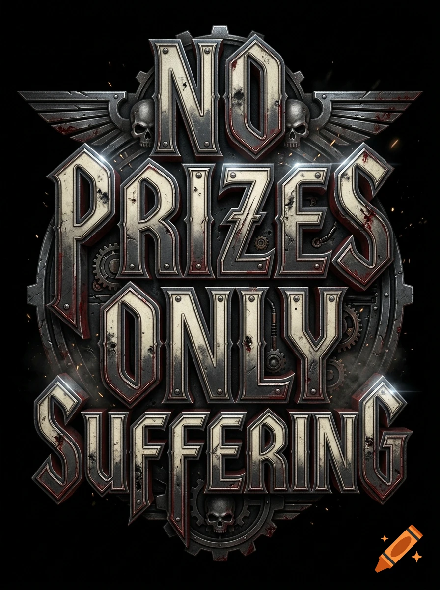 Metallic Warhammer 40k style typography reading NO PRIZES ONLY SUFFERING on a black background.
