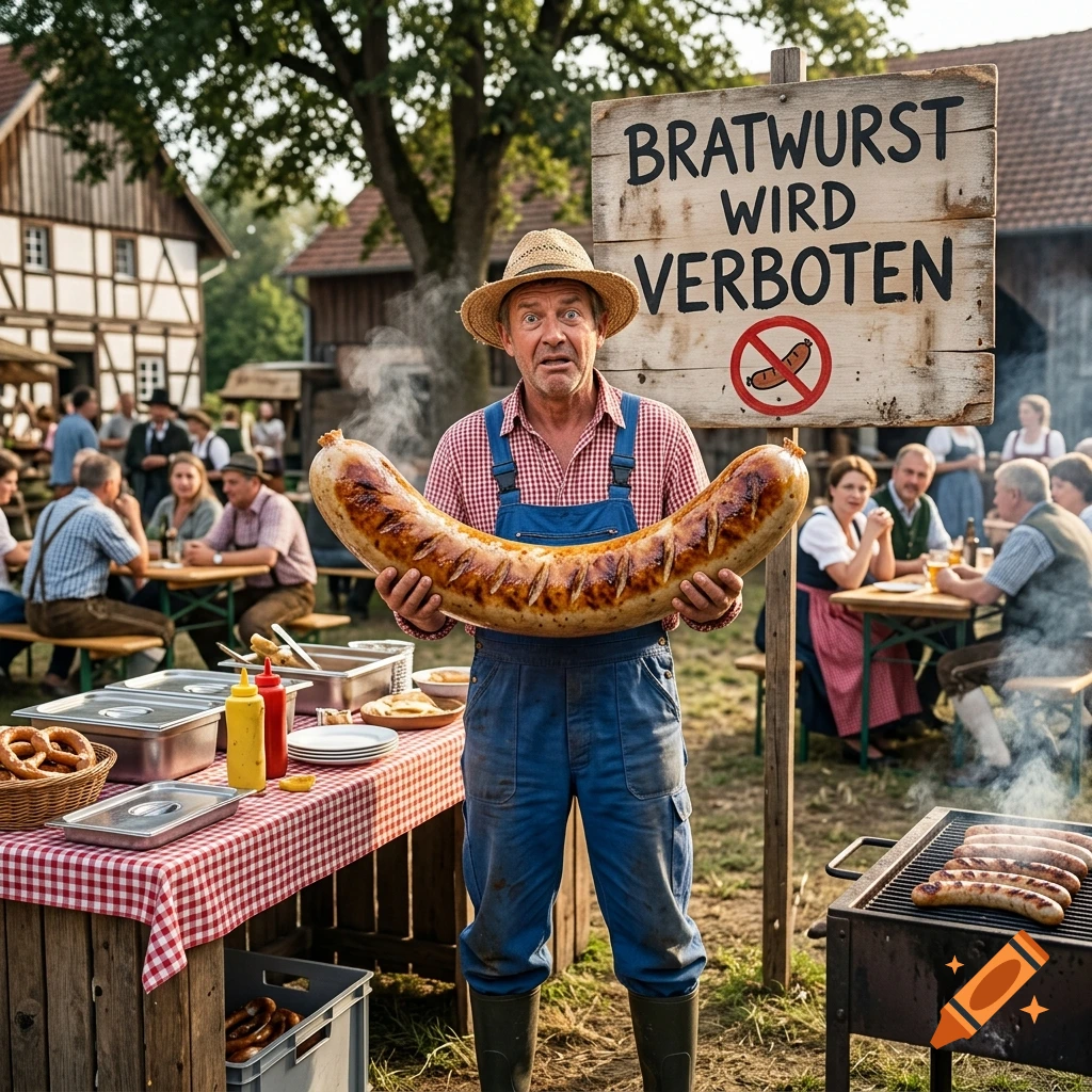 Photorealistic scene of a man holding a giant bratwurst sausage in front of a rustic wooden sign that reads 'Bratwurst wird verboten'.