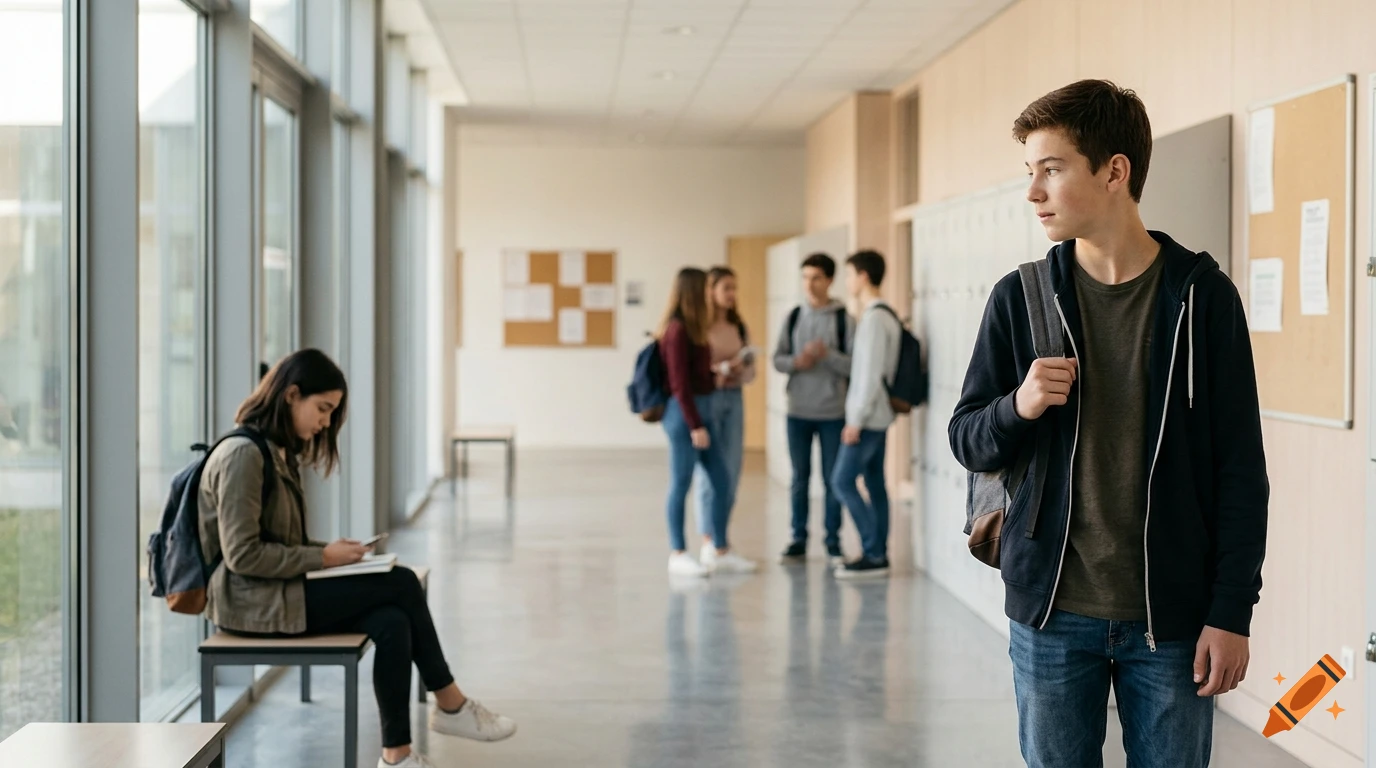 Photorealistic scene in a school hallway with students, a teenage boy in the foreground looking thoughtfully.