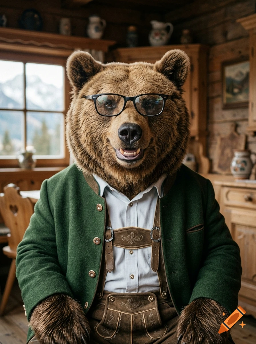 Photorealistic portrait of a brown bear wearing black-rimmed glasses, a green loden trachten jacket, and Lederhosen inside a rustic wooden cabin.