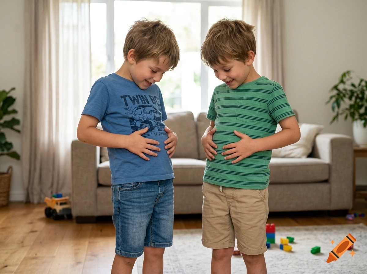 Two young boys in casual clothing standing in a living room, comparing their bellies with amused expressions, photorealistic.