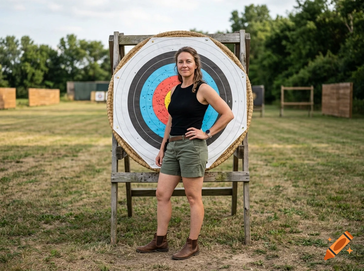 Photorealistic image of a woman standing in front of a large archery target outdoors.