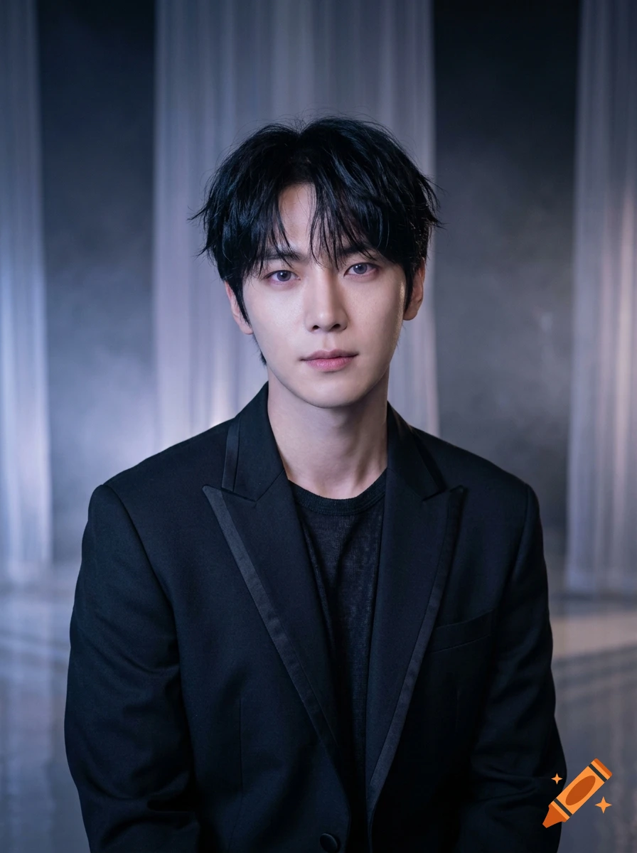 Photorealistic portrait of a young Korean man with dark hair and dark eyes wearing a black suit jacket.