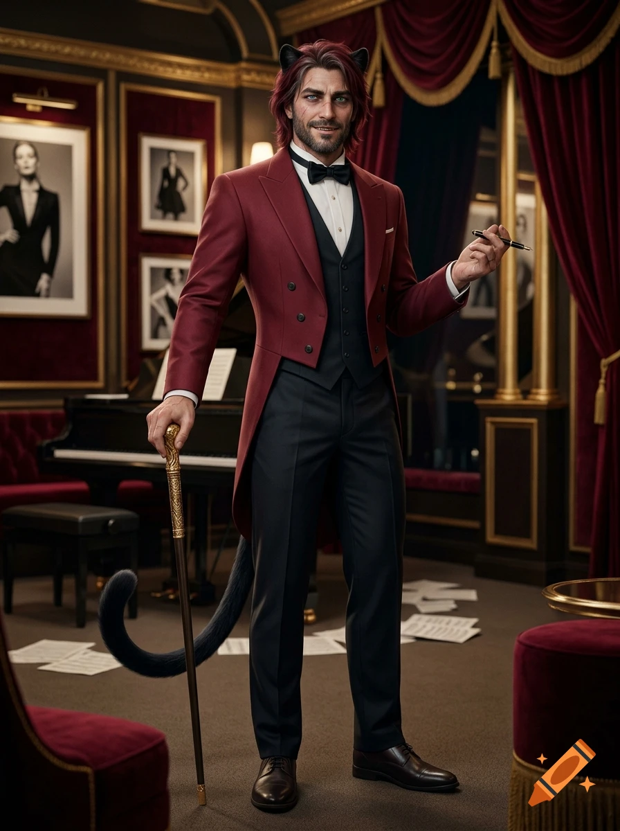 Photorealistic full-body portrait of a charismatic male character with cat ears and tail, wearing a red tuxedo, in a luxurious room with a piano.
