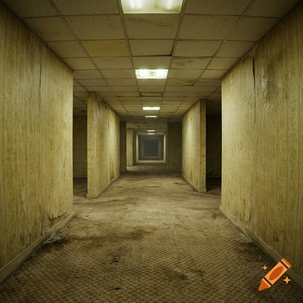 Endless eerie hallway with yellow wallpaper and dirty carpet, reminiscent of the Backrooms.