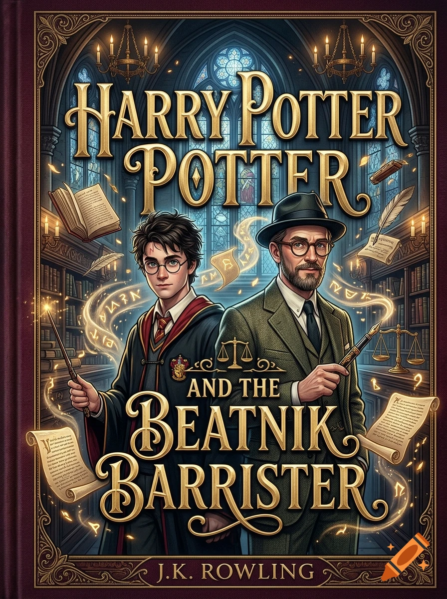 Book cover illustration titled Harry Potter and the Beatnik Barrister featuring Harry Potter and a man in a suit.
