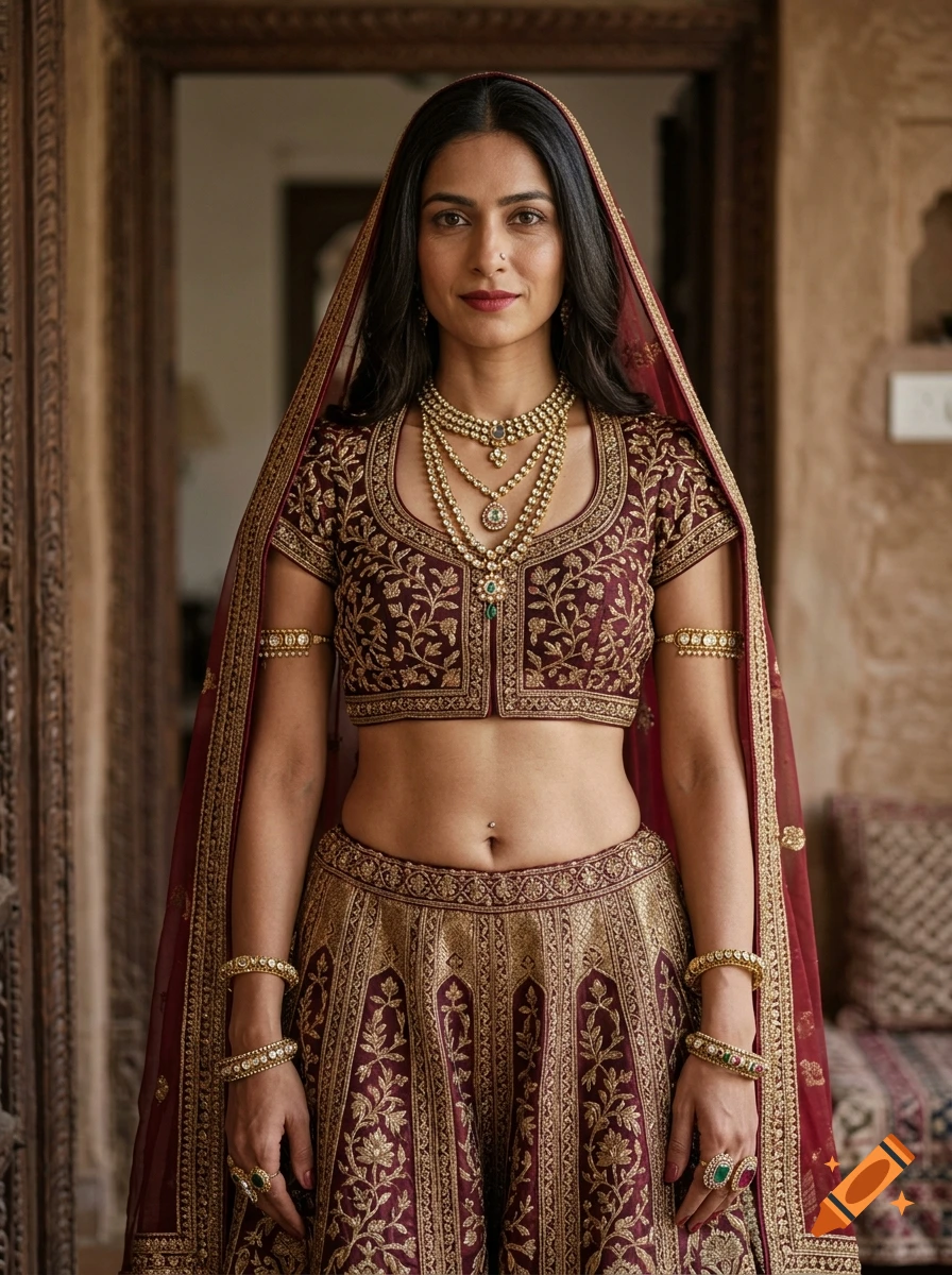 Photorealistic portrait of an Indian woman in rich traditional maroon and gold embroidered attire with layered jewelry.