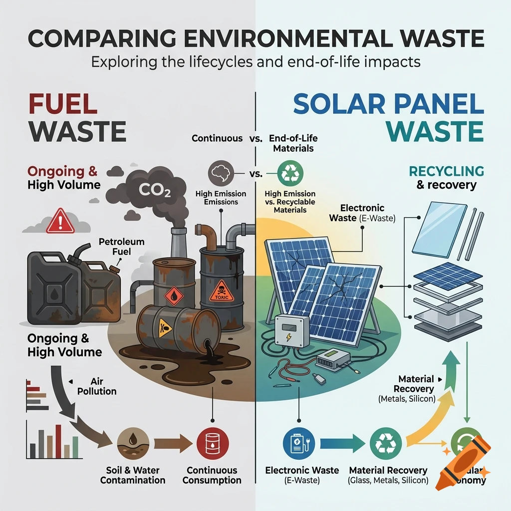 An infographic comparing fuel waste and solar panel waste, showing life cycles and environmental impacts.