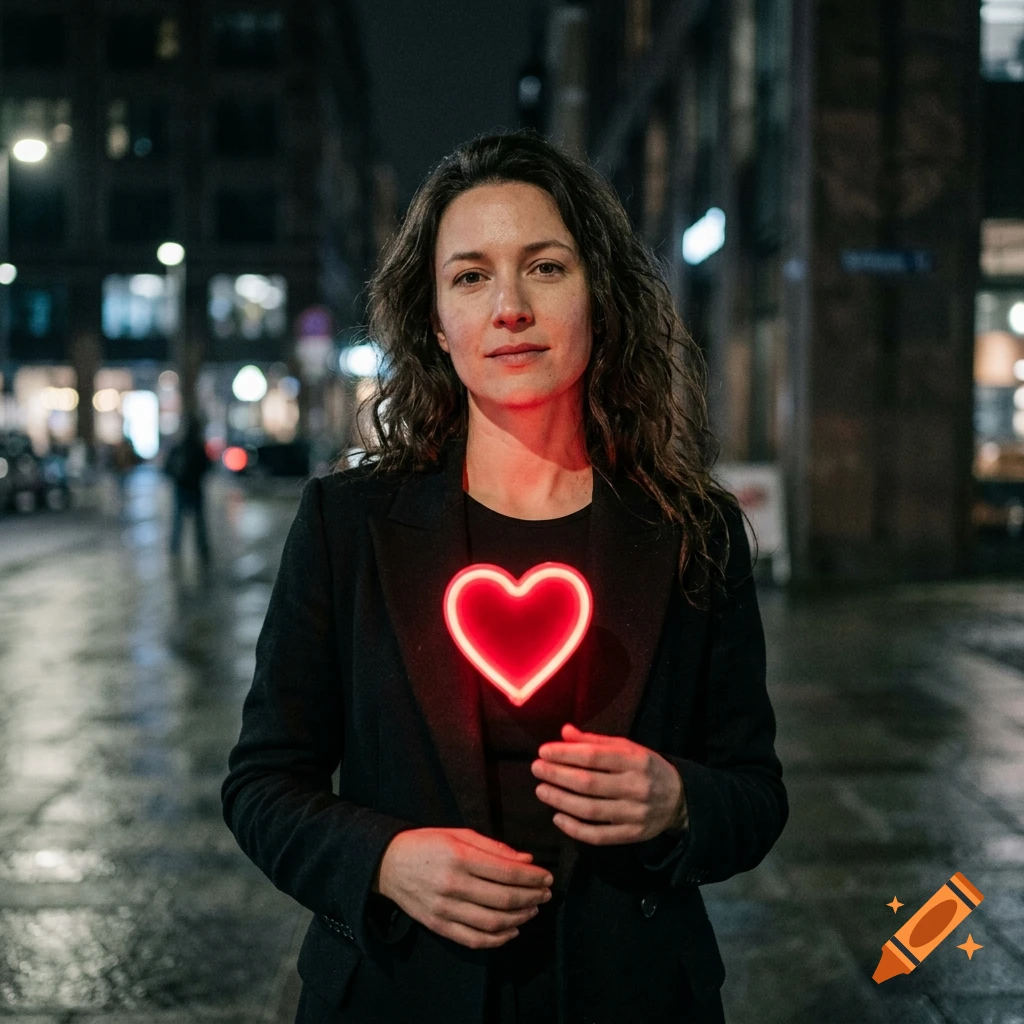 Photorealistic portrait of a woman in a black jacket standing in a city street at night, holding a glowing red heart emblem.