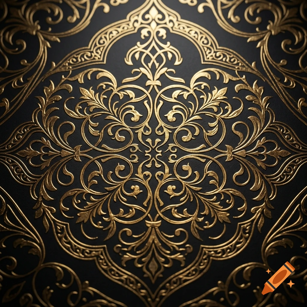 Close-up of intricate gold damask and floral ornaments on a dark background.