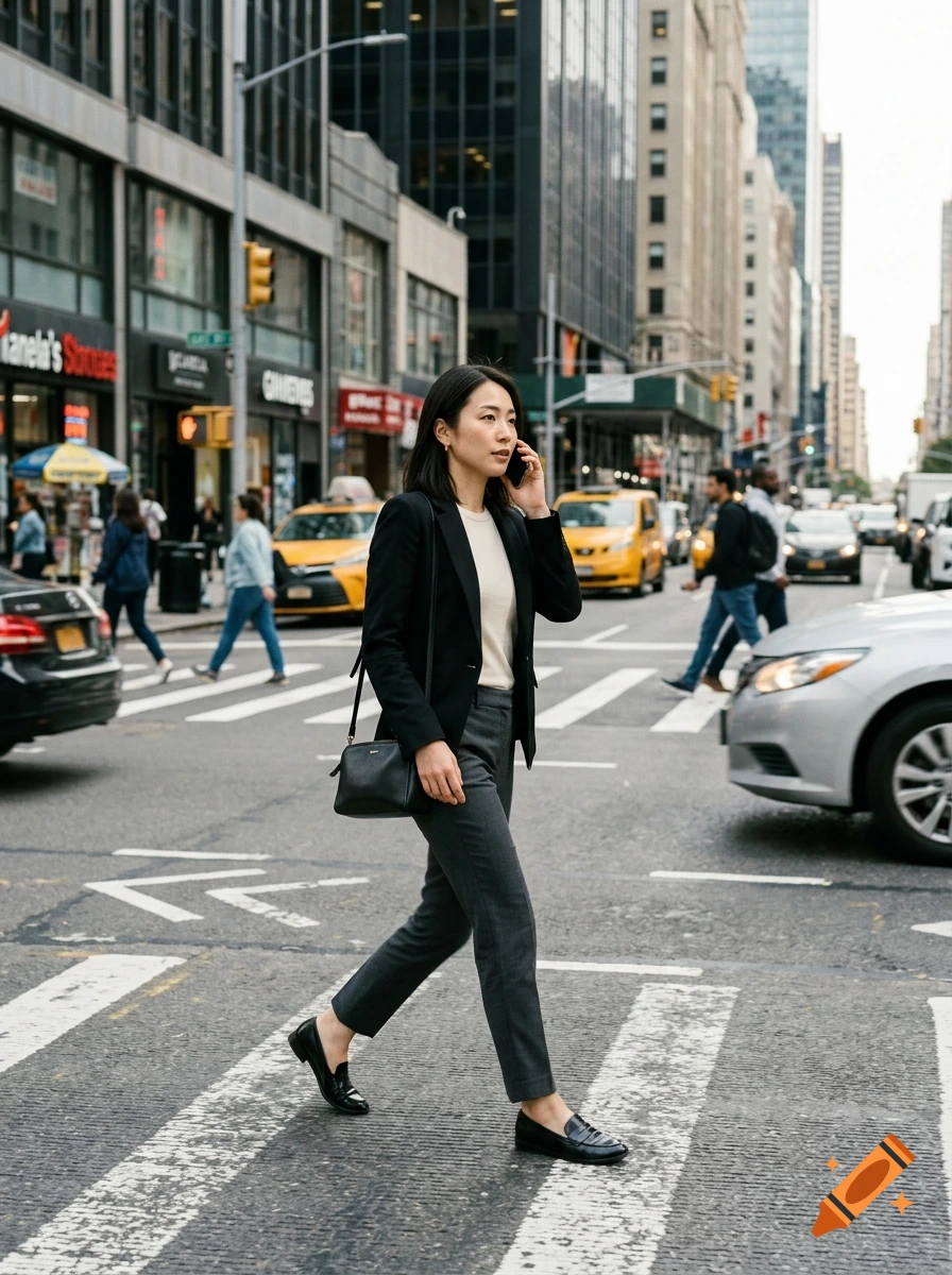 Photorealistic street photograph of a businesswoman walking across a busy New York City crosswalk while talking on her phone.