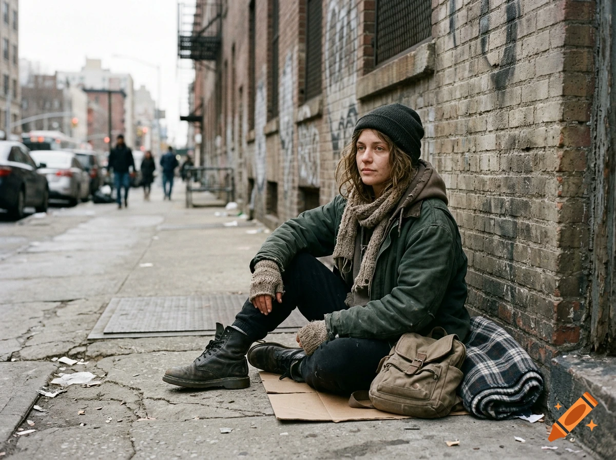 Photorealistic shot of a young woman in winter gear sitting on a sidewalk next to a brick wall.