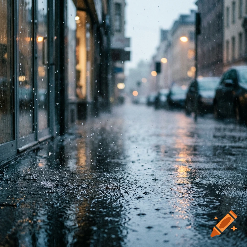 Photorealistic close-up of a rainy city street with water pooling on the pavement and raindrops creating ripples.