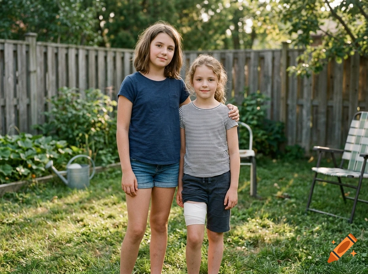 Photorealistic image of two young girls standing side-by-side in a backyard with a wooden fence, with one girl having a bandage on her thigh.