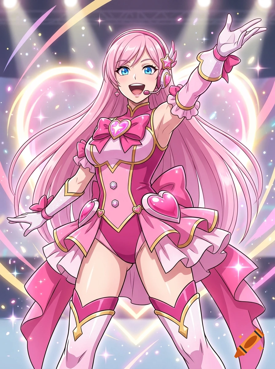 Anime illustration of a pink-haired magical girl in a frilly pink costume posing on a stage.