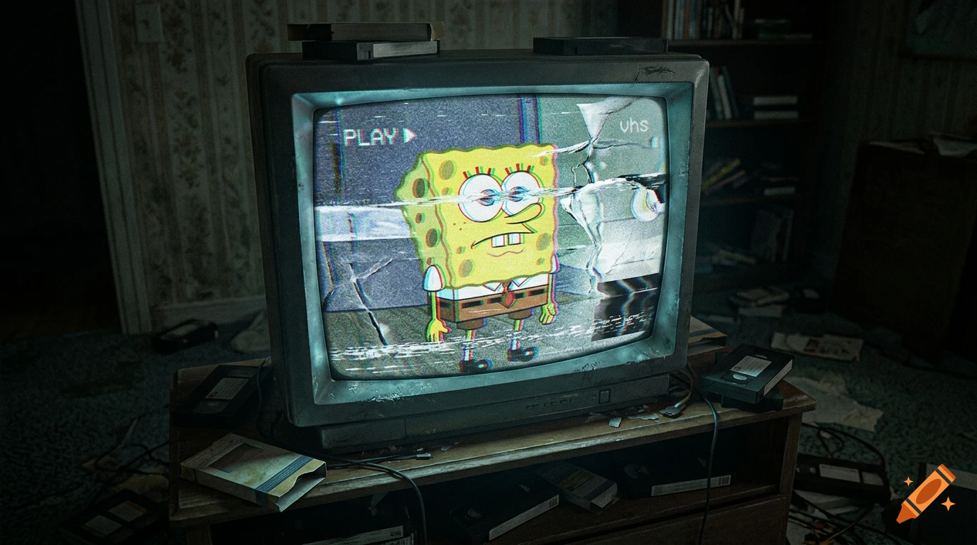 An old CRT television playing a heavily damaged, glitchy VHS tape of SpongeBob SquarePants in a messy room.