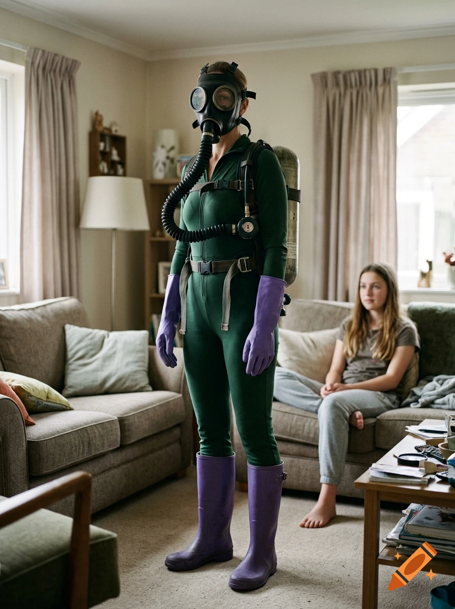 A person standing in a living room wearing a green jumpsuit, gas mask, purple boots, and gloves, while another person sits on a sofa in the background.