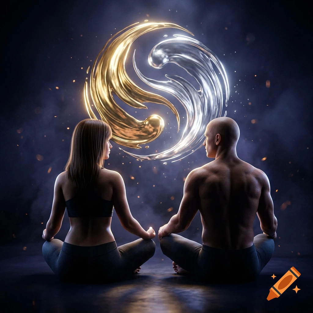 A man and a woman sitting in meditation facing each other beneath a glowing yin-yang symbol, photorealistic 3D art.