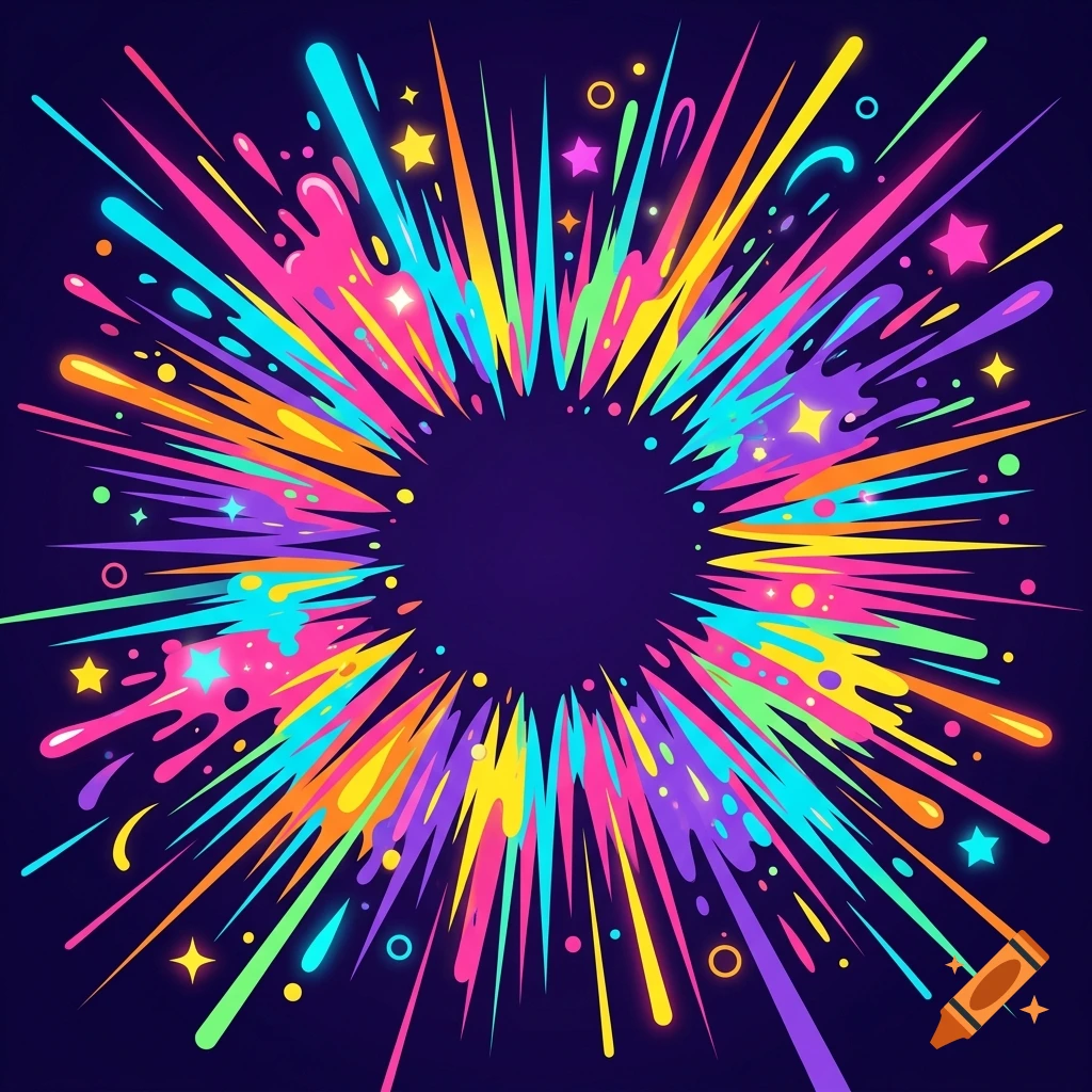 Vibrant 2D digital art of a colourful paint and glowing shapes explosion with an empty center.