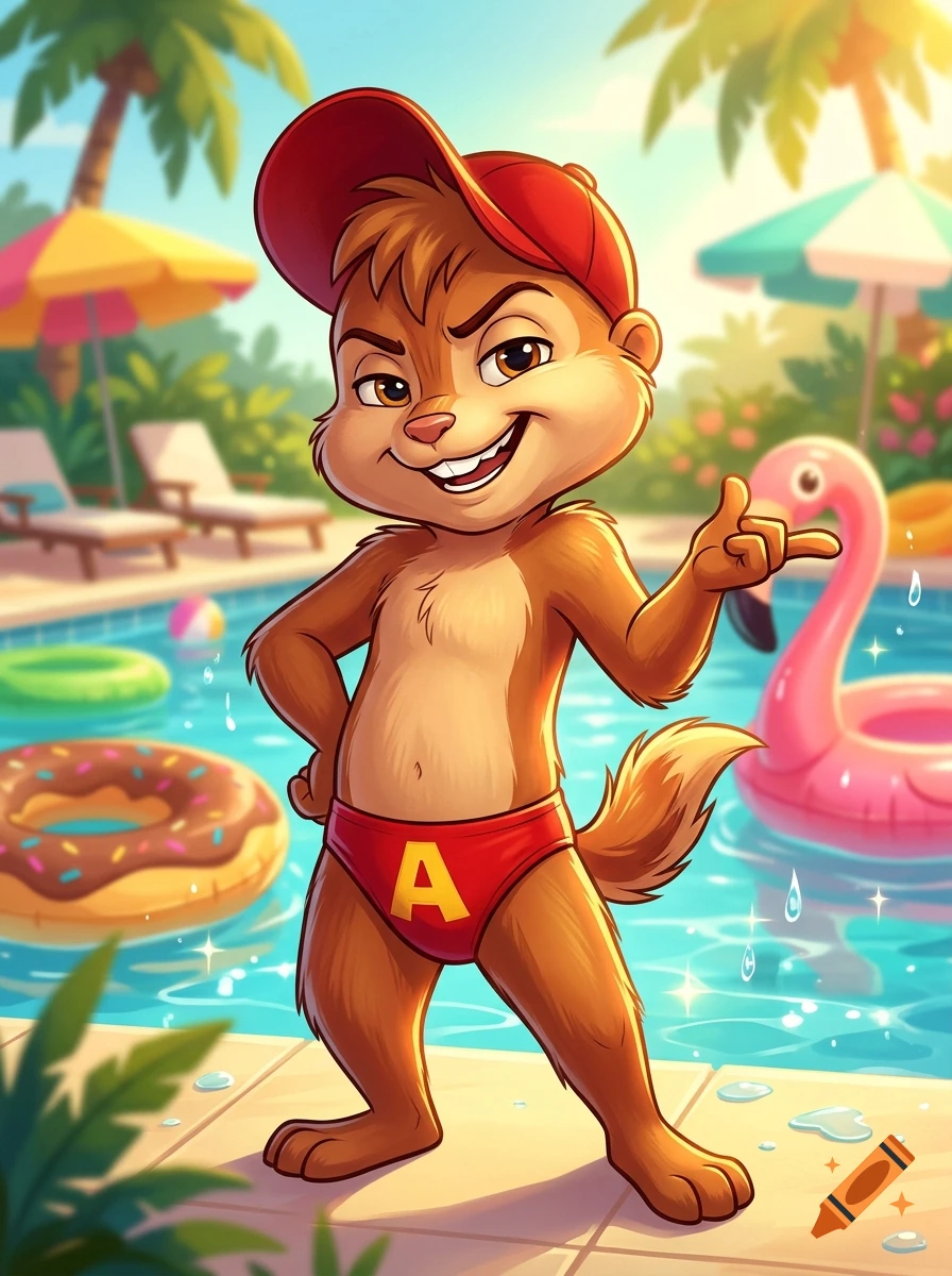 Digital illustration of Alvin the Chipmunk wearing a red cap and red speedo with a yellow letter A by a swimming pool with inflatables.