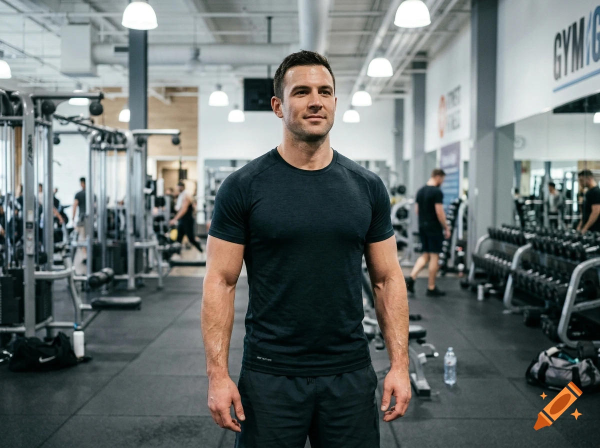 Photorealistic image of a muscular man standing in a well-equipped modern gym.