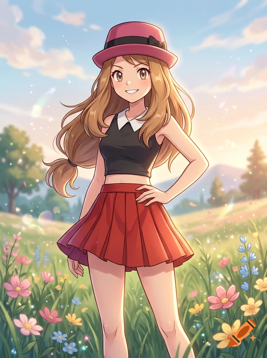 Anime style illustration of a young woman with blonde hair wearing a pink hat, crop top, and red skirt in a sunny flower field.