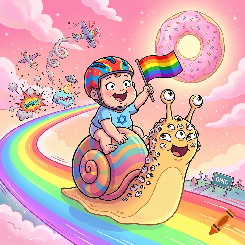 A baby wearing a helmet and a Jewish star shirt rides a multi-eyed snail across a rainbow with a donut moon and crashing airplanes in the background, in 2010s 2D animation style.