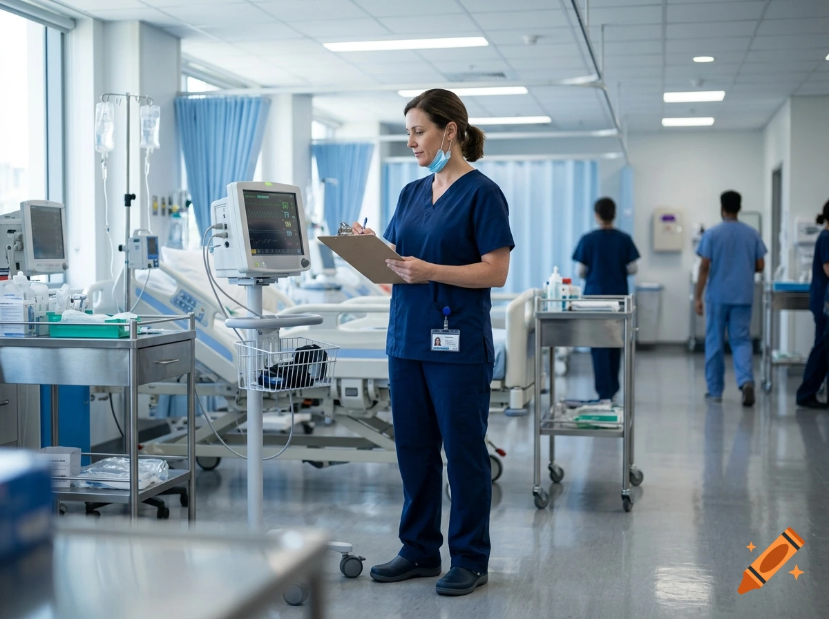 Photorealistic image of a female nurse wearing scrubs and a mask, holding a clipboard in a hospital ward.
