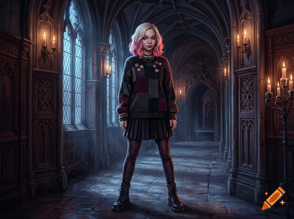 Full-body portrait of a young woman with pink-tipped blonde hair, wearing a patterned sweater, skirt, and boots in a gothic hallway.