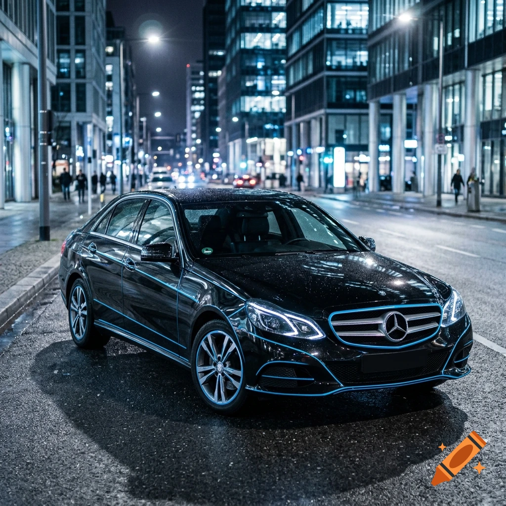 A black Mercedes sedan parked on a wet city street at night, with tall modern buildings and glowing streetlights in the background.