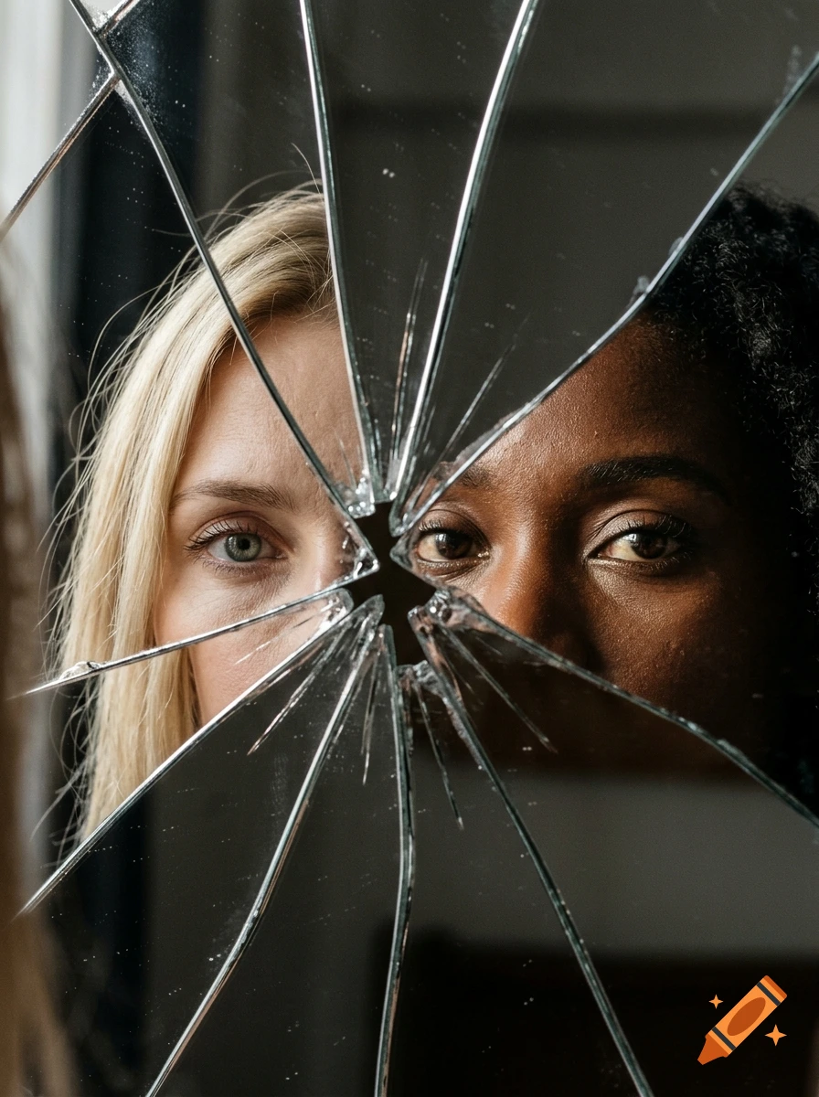 Close-up portrait of two women's eyes, one blonde and one Black, looking through the cracks of a shattered mirror.
