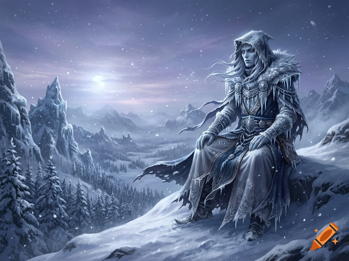 Digital painting of a hooded ice sorcerer sitting on a snowy mountain ledge overlooking a winter valley.