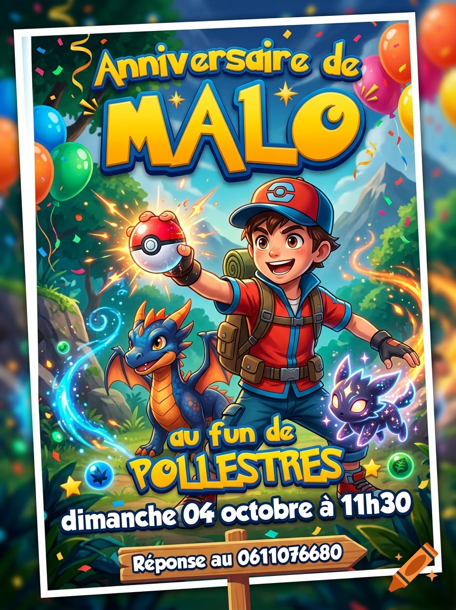 Birthday party invitation poster featuring a cartoon boy holding a Poké Ball, alongside a dragon and a small dark creature in a forest setting.