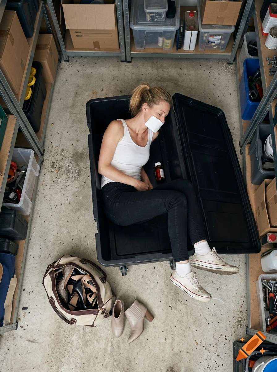 An overhead shot of a blonde woman lying inside a large black plastic storage bin on a concrete floor, surrounded by shelves in a storage room.