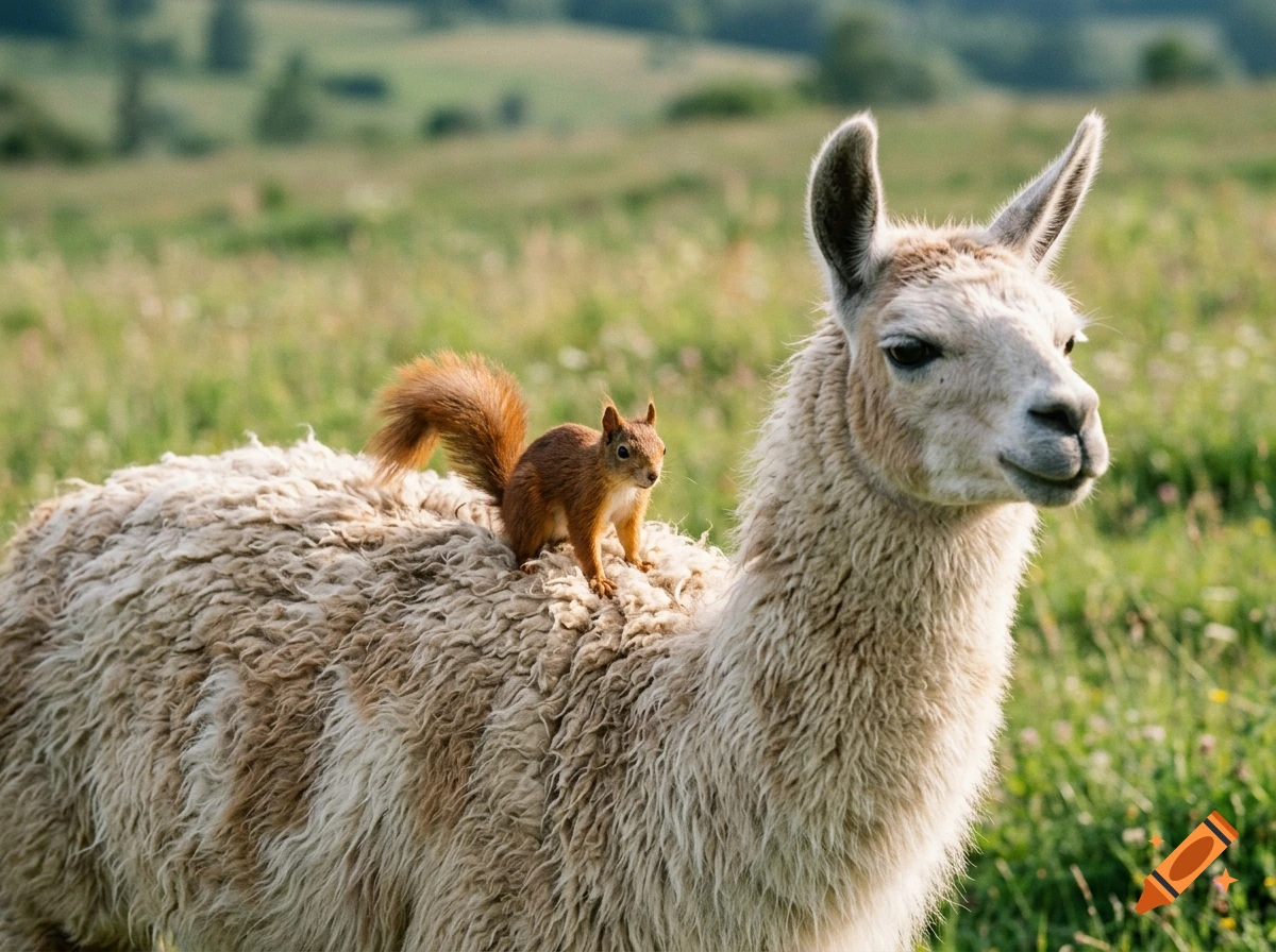 Photorealistic image of a red squirrel sitting on the back of a llama in a green grassy field.