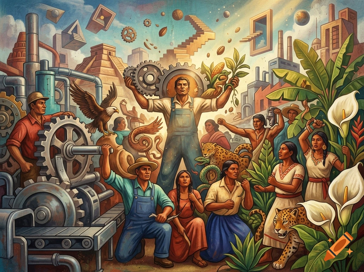 An artistic socialist realist mural style painting depicting various workers, farmers, and indigenous people alongside industrial machinery, gears, wildlife, plants, and surreal architectural and floating elements.